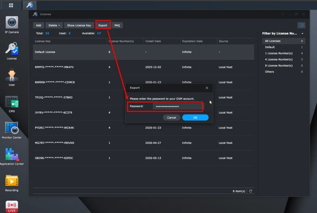 export Surveillance Station license key to a xlxs file for backup