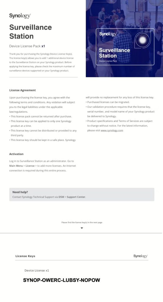 Digital Synology Surveillance Station license key in PDF format.