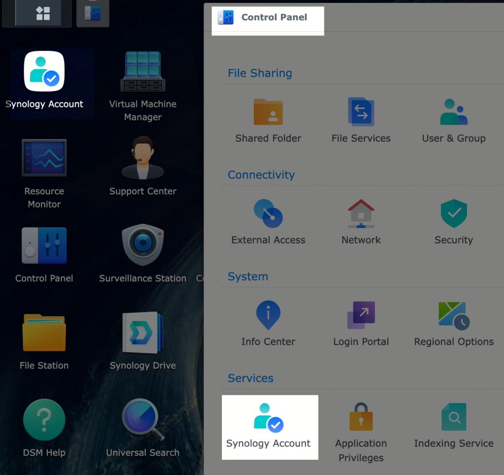 Synology DSM Control Panel showing where to find the Synology Account login.