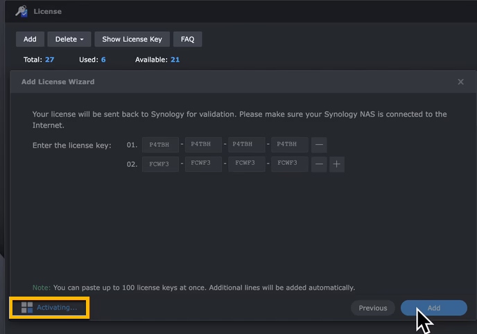 Synology license keys being activated online.