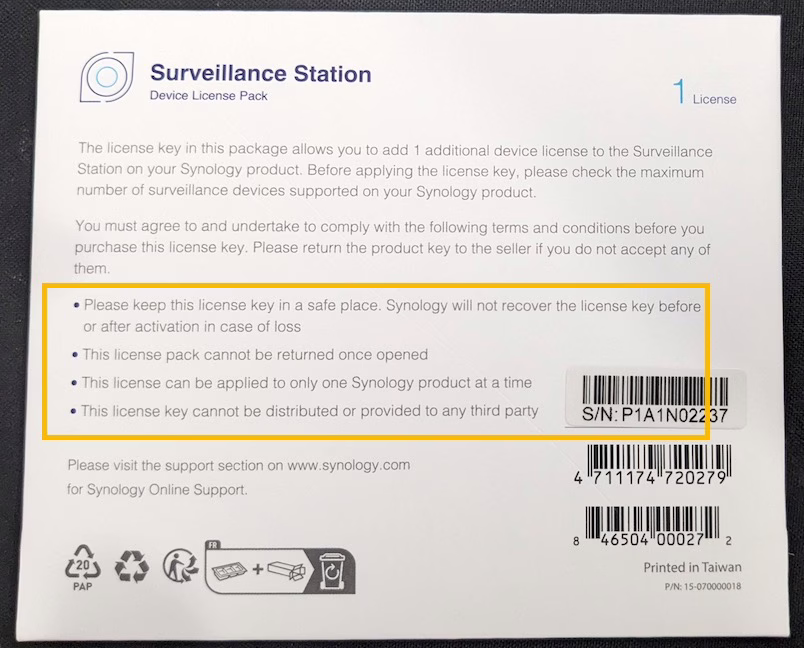 Agreement in back side of Synology license CLP1 pack 2025 version