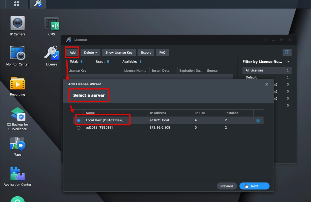 Selecting the local Synology NAS server to add licenses